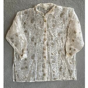 Vintage Express Button Shirt Small Oversize Sheer Long Sleeve Boho Art Beach Top